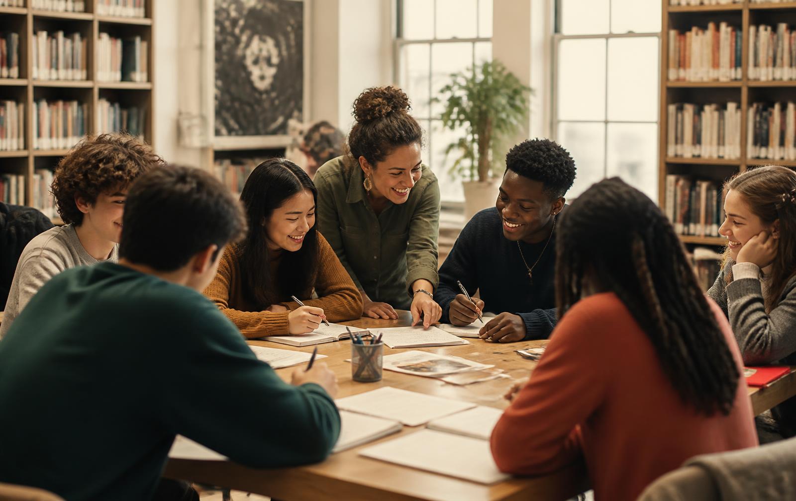 Un groupe de jeunes participants écrit ensemble autour d'une table, accompagné par une animatrice d'atelier.